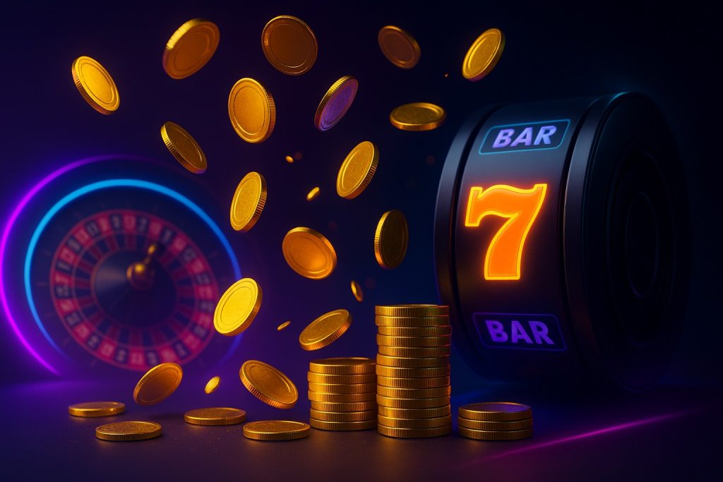 Casinobanner met gouden munten en neonlichteffecten die 10 euro gratis gokken zonder storting uitbeelden