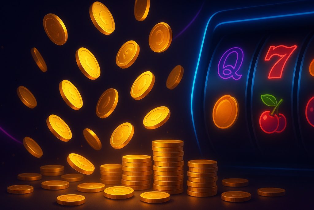 Casinobanner met gouden munten en slotmachine in neonstijl