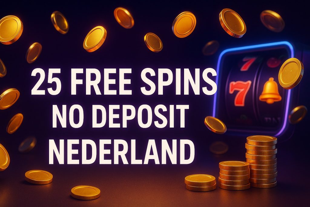 Banner met gouden munten en slotmachine-effect met tekst 25 Free Spins No Deposit Nederland