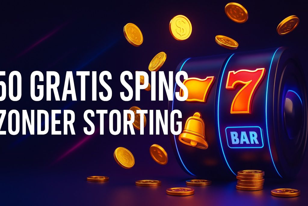 Banner met gouden munten en slotmachine-effect met tekst 50 Gratis Spins Zonder Storting
