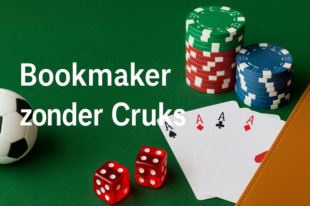 Bookmaker zonder Cruks met voetbal, pokerfiches, dobbelstenen en speelkaarten op een groene speeltafel