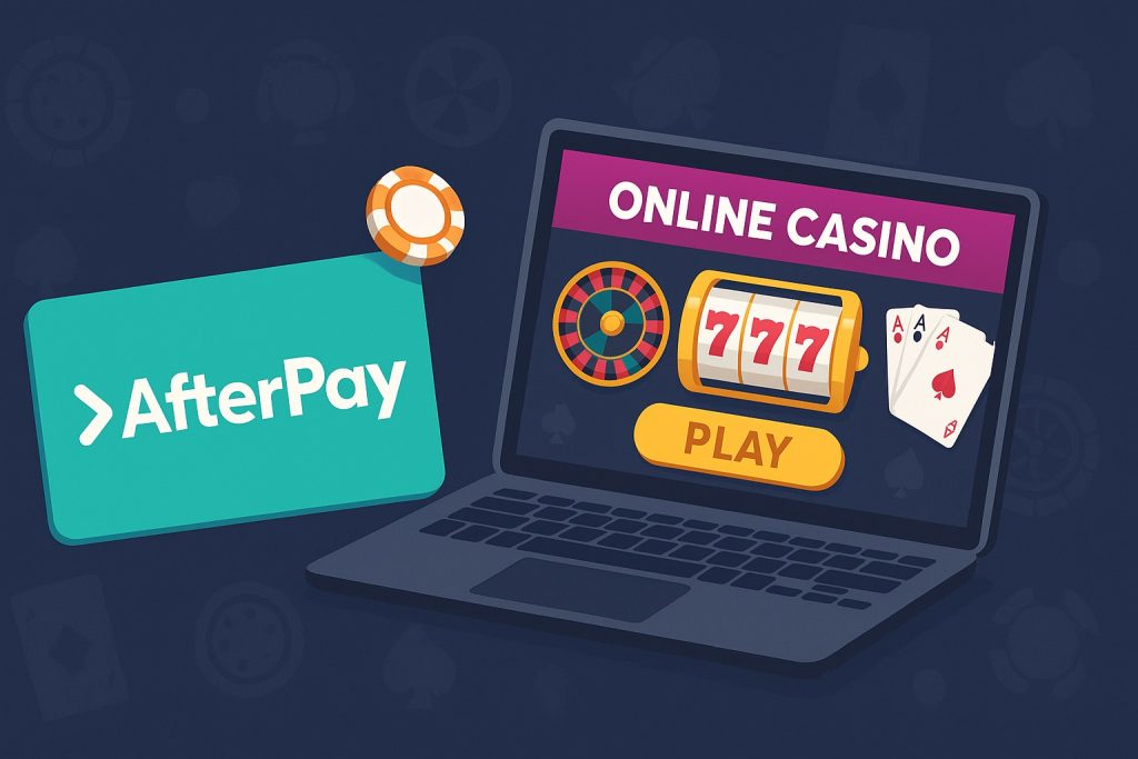 Banner van een online casino met AfterPay betaalmethode en gokspellen