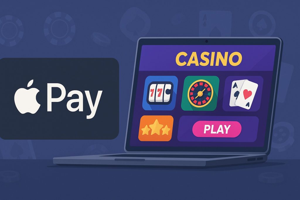 Banner van een online casino met Apple Pay betaalmethode en gokspellen