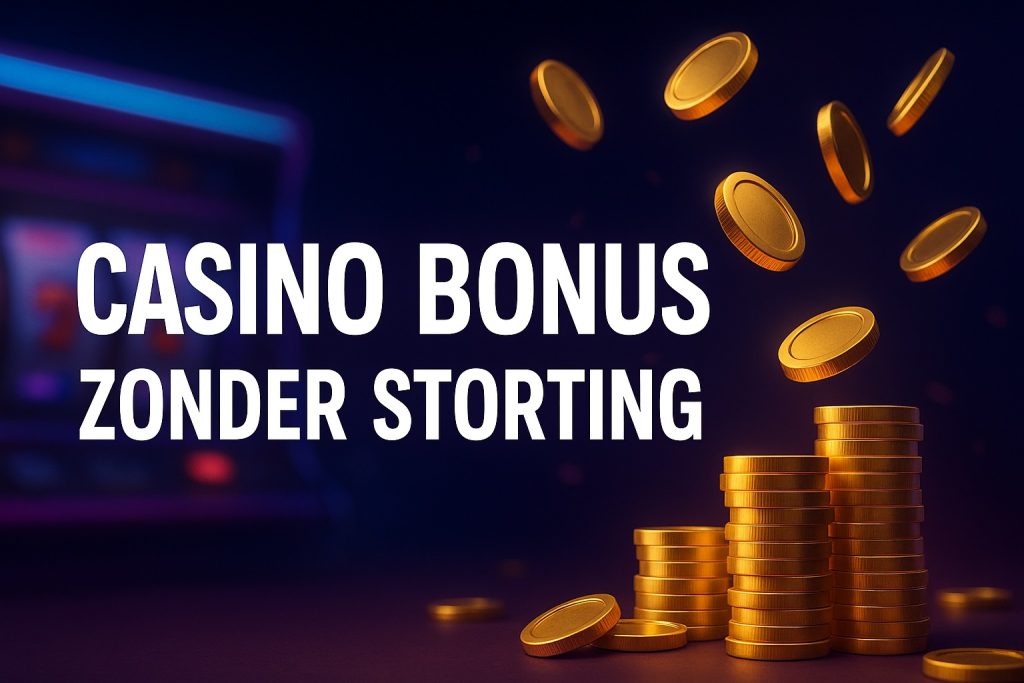 Banner met gouden munten en casinothema met tekst Casino Bonus Zonder Storting