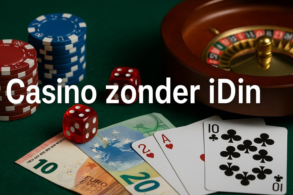 Casino zonder iDin met roulette, fiches, dobbelstenen, speelkaarten en eurobiljetten op een groene speeltafel