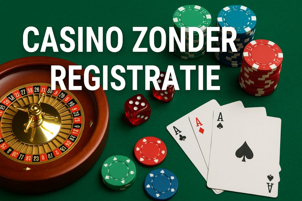 Casino zonder registratie met roulette, fiches, dobbelstenen en speelkaarten op een groene speeltafel