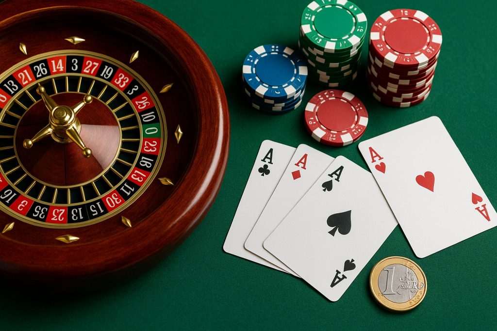 Casino’s zonder vergunning met roulettewiel, fiches, speelkaarten en een euro munt op een groene speeltafel