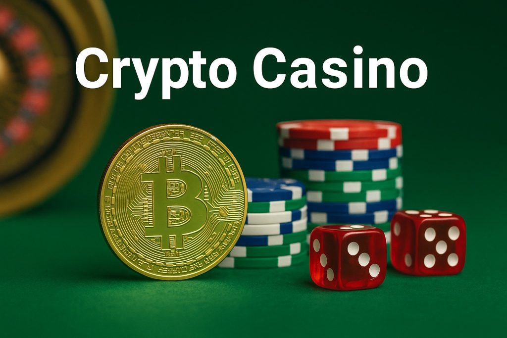 Crypto casino met Bitcoin, pokerfiches, dobbelstenen en roulettewiel op een groene speeltafel
