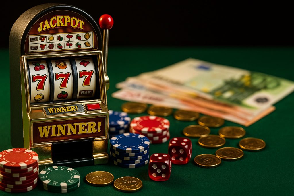 Gokkasten online met echt geld met slotmachine, fiches, dobbelstenen en eurobiljetten op een groene speeltafel