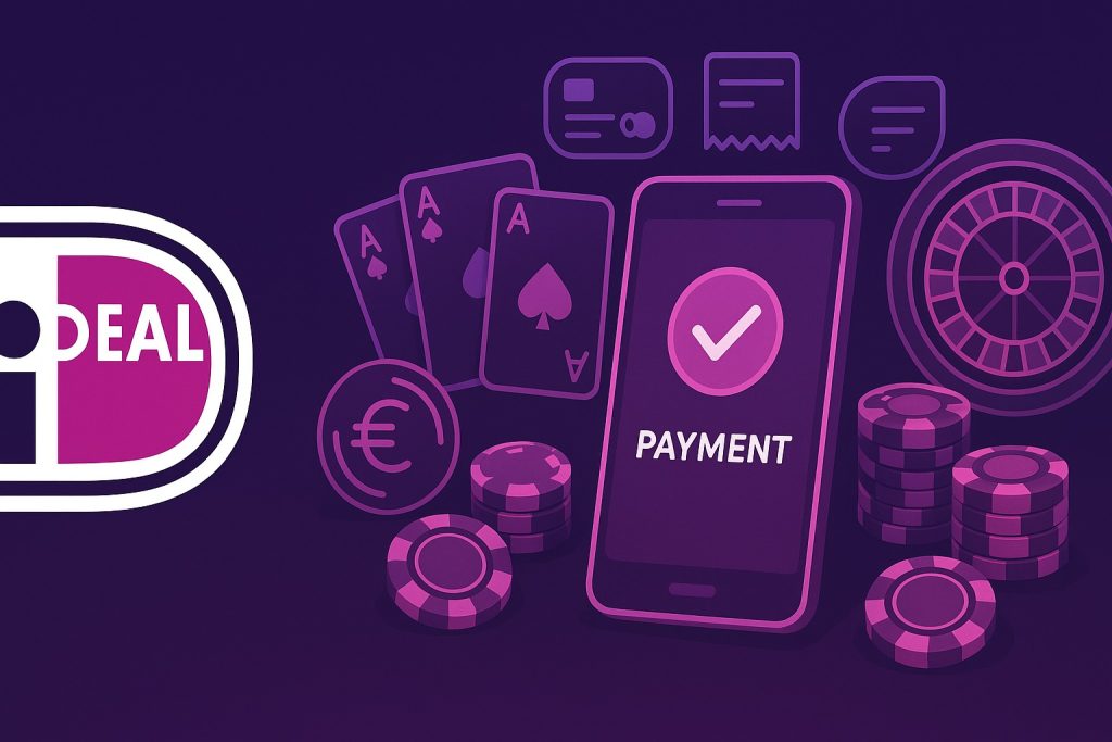Banner van iDeal casino met smartphone, betaalbevestiging, speelkaarten en fiches