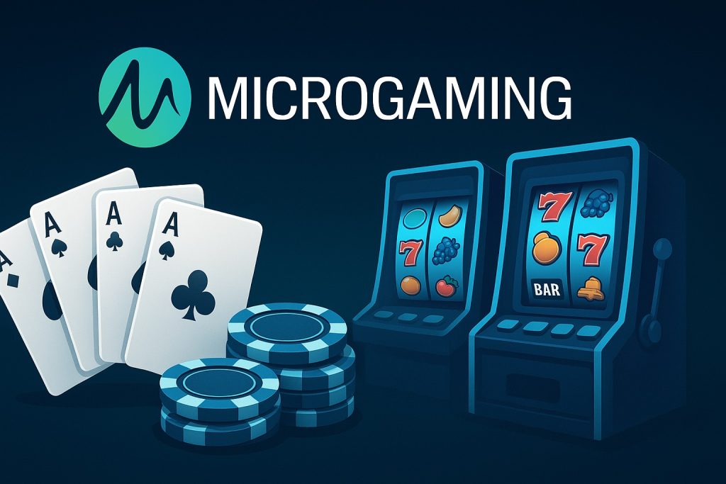 Microgaming online casino banner met speelkaarten, pokerchips en gokkasten
