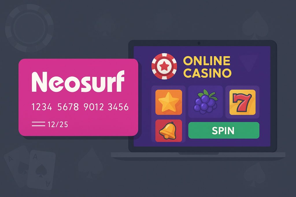 Banner van een online casino met Neosurf voucher en speelkaarten