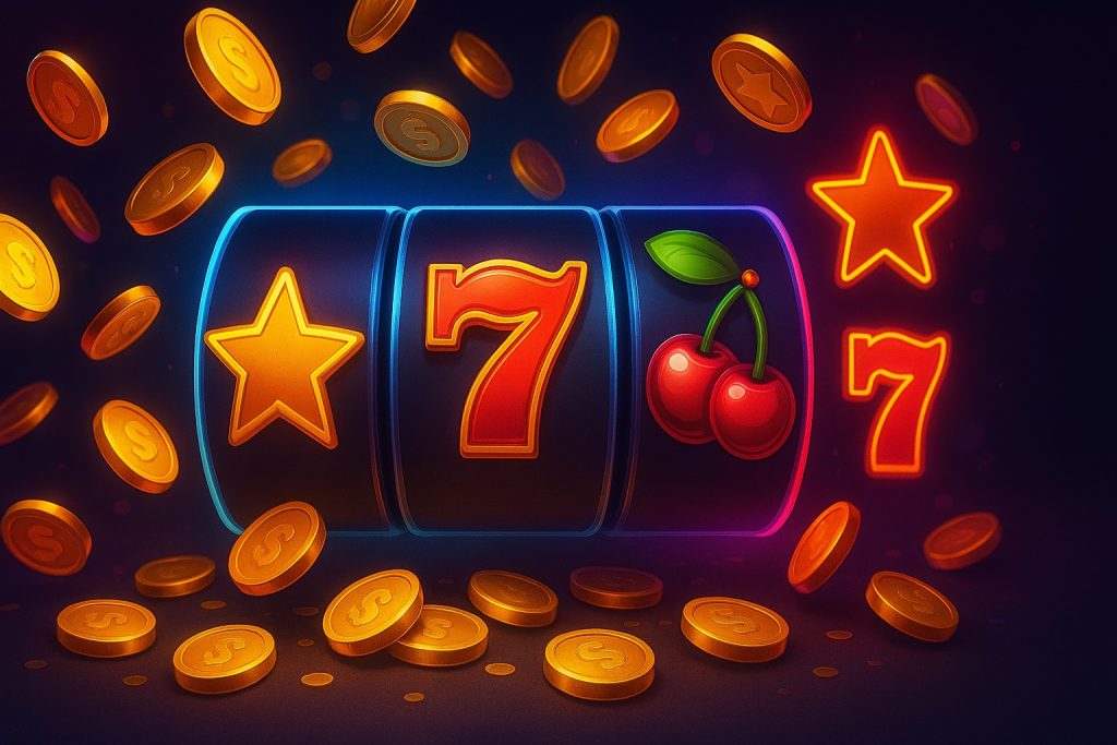 Casinobanner met kleurrijke slotmachine-reels, gouden munten en neonlichteffecten die NetEnt spellen uitbeelden