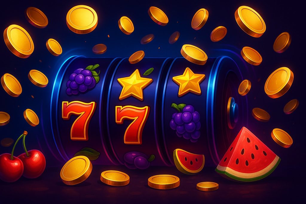 Casinobanner met kleurrijke slotmachine-reels, fruit, zevens, sterren en vallende gouden munten die Novomatic spellen uitbeelden