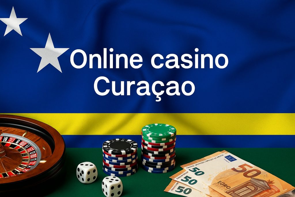 Online casino Curaçao met roulettewiel, fiches, dobbelstenen en eurobiljetten op een groene speeltafel voor de vlag van Curaçao