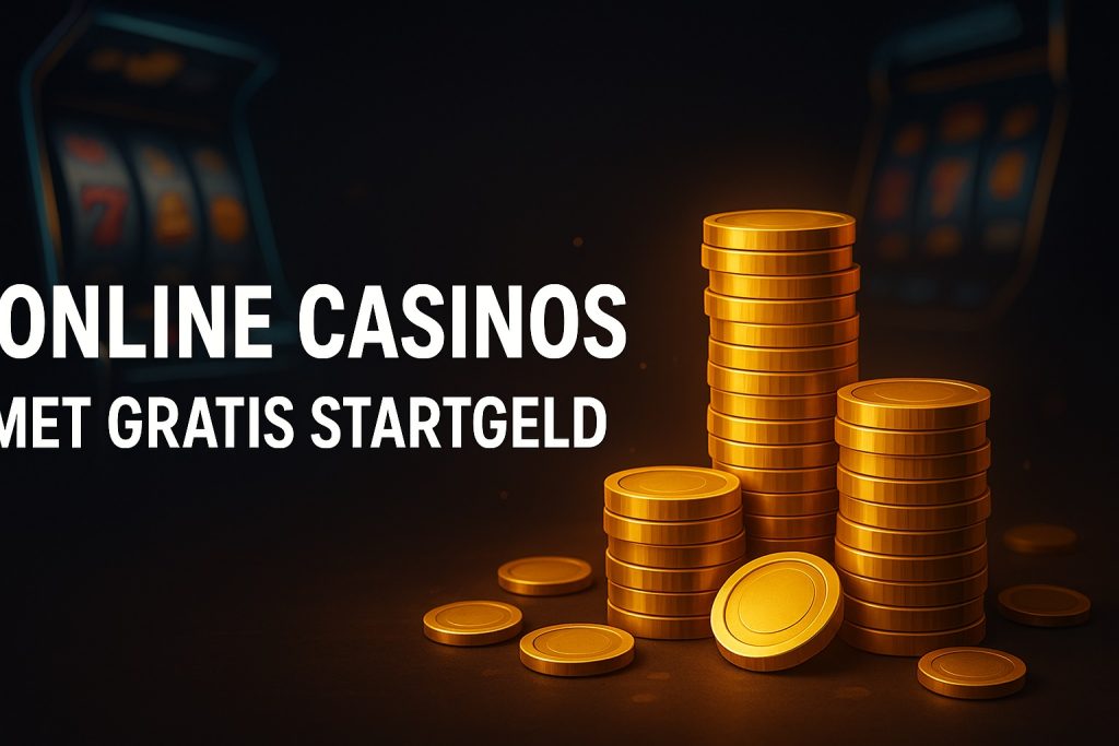 Banner met gouden munten en casinothema met tekst Online Casinos met Gratis Startgeld