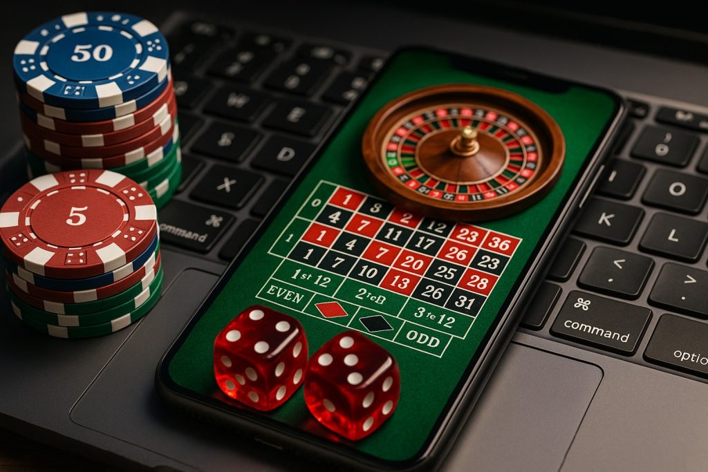 Casino met snelle uitbetaling met roulette, fiches, dobbelstenen, speelkaarten en eurobiljetten op een groene speeltafel