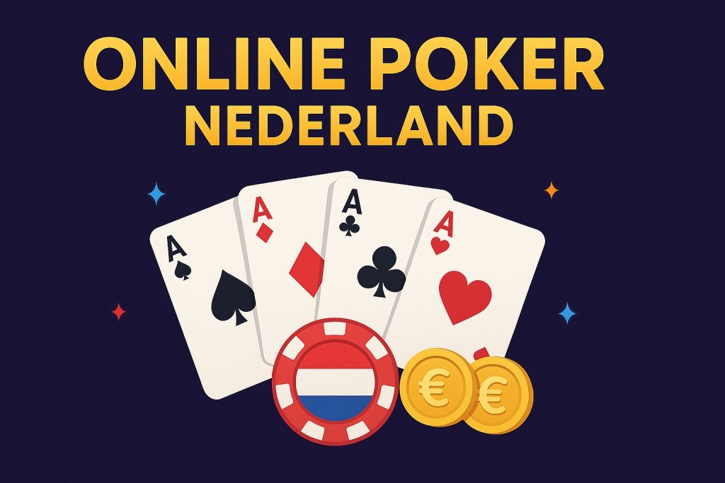 Illustratie van online poker in Nederland met speelkaarten, fiches en euromunten.