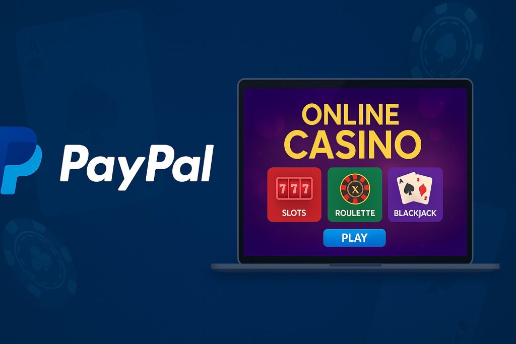 Banner van een online casino met PayPal betaaloptie en gokspellen