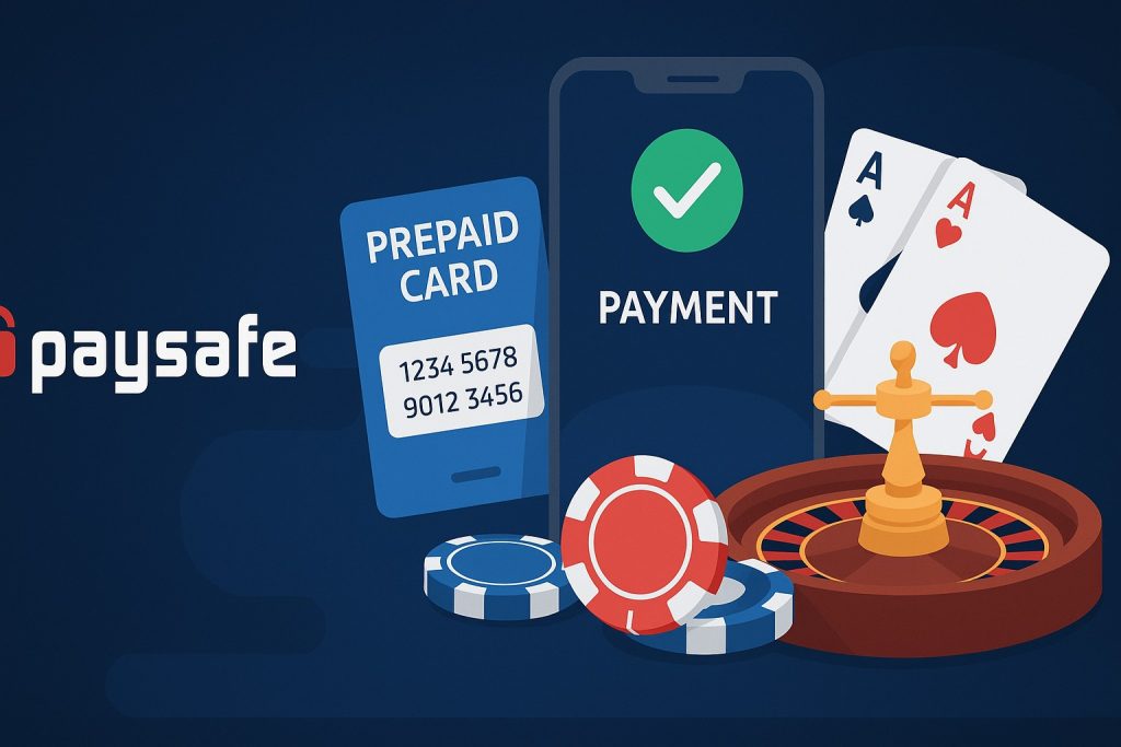 Banner van Paysafecard casino met prepaid kaart, smartphone, fiches en roulettewiel