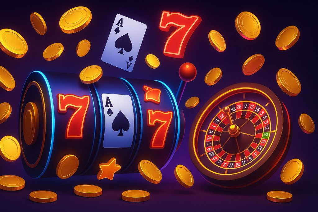 Casinobanner met kleurrijke slotmachine, roulette en gouden munten die Playtech spellen uitbeelden