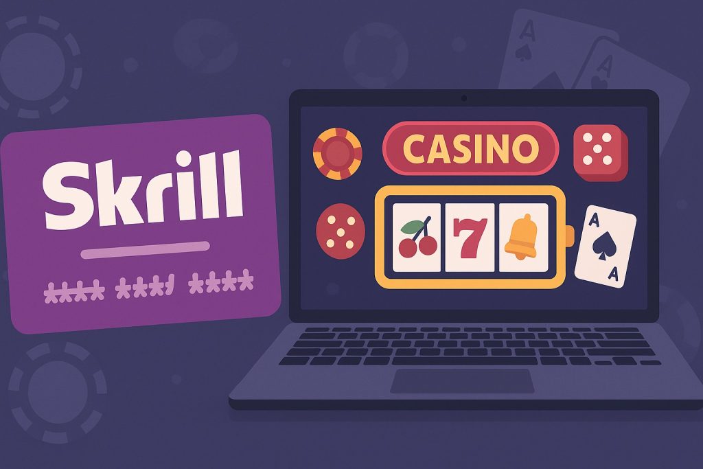 Banner van een online casino met Skrill betaalmethode en gokspellen
