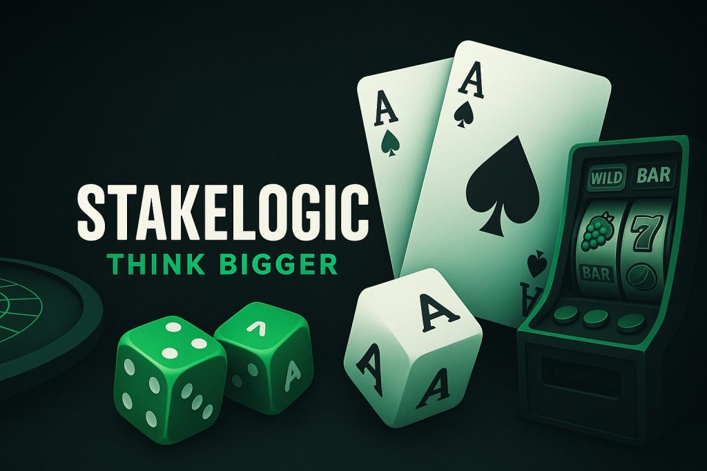 Stakelogic online casino banner met speelkaarten, dobbelstenen en gokkasten