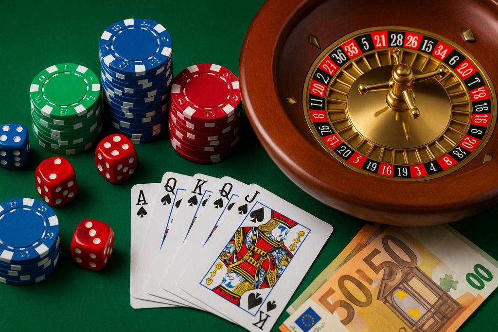 Casino elementen voor Top 10 Online Casino Nederland met roulette, pokerfiches, dobbelstenen, speelkaarten en eurobiljetten op een groene speeltafel