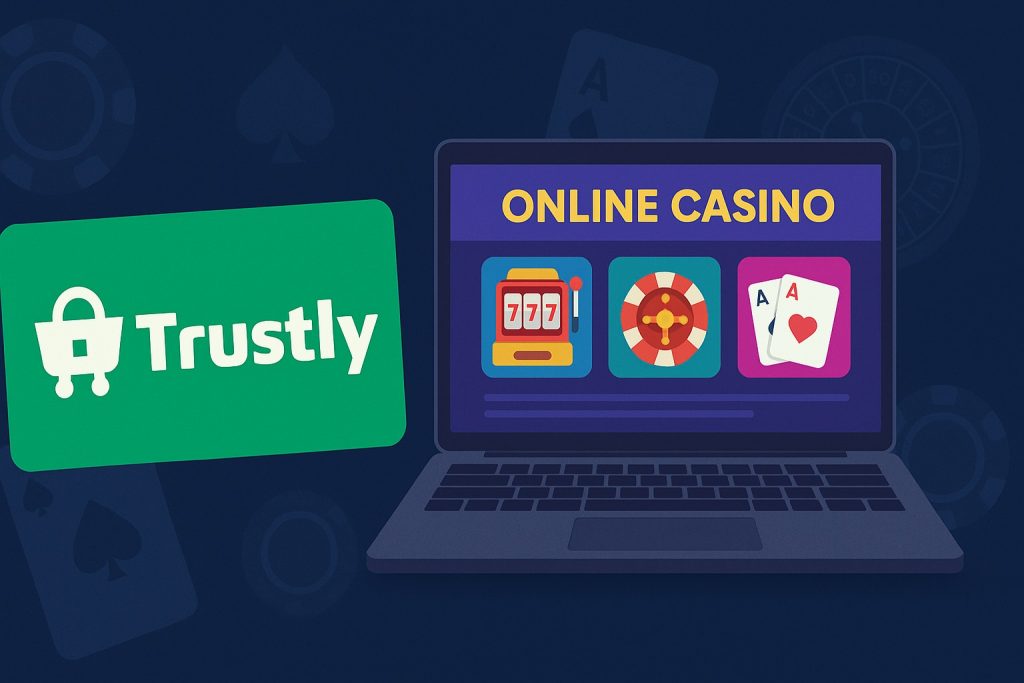 Banner van een online casino met Trustly betaalmethode en gokspellen
